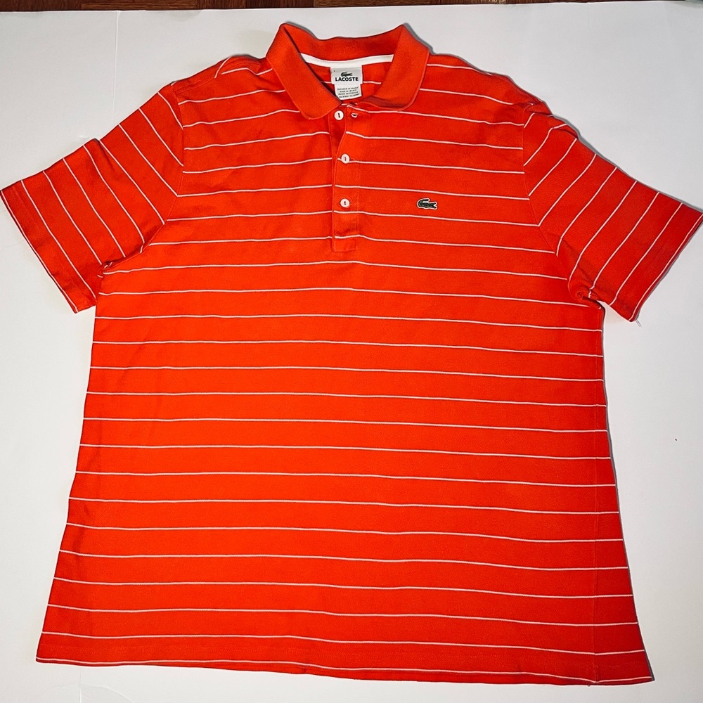 Lacoste Men's F5191 Orange Thin-Striped Classic Cotton Pique Polo Sz 7 XL